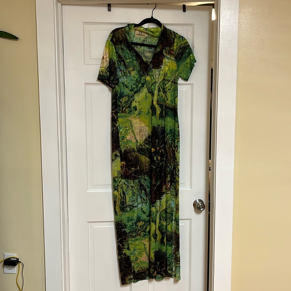 Fashion Brand Company Green Wordy Cayetana Print Sheer Polo Dress sz XL